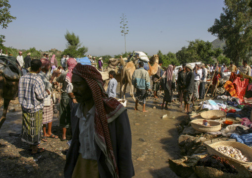 Yemeni people in an open air market, Amran Governorate, Hababah, Yemen