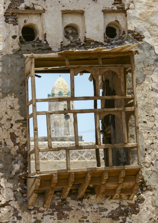 Traditional broken mashrabiya of an old house in the old city, Taiz Governorate, Mokha, Yemen
