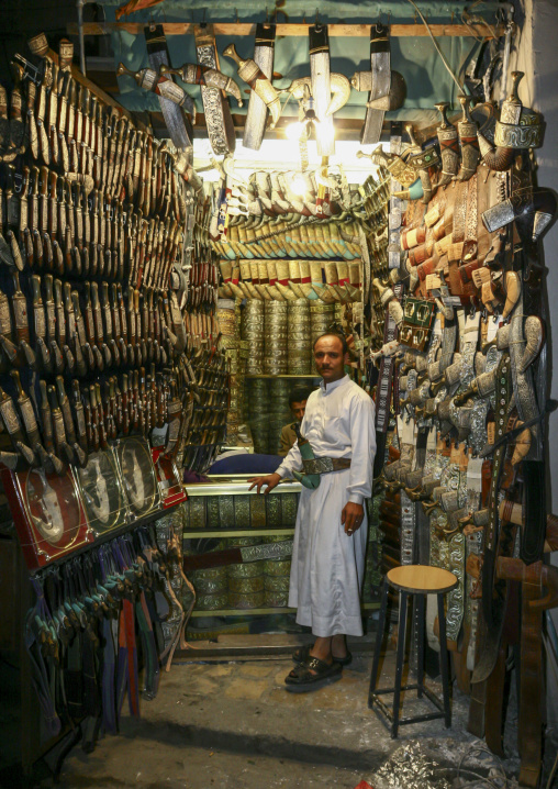 Yemeni man selling jambiyas in a shop, Amanat Al-Asemah, Sanaa, Yemen