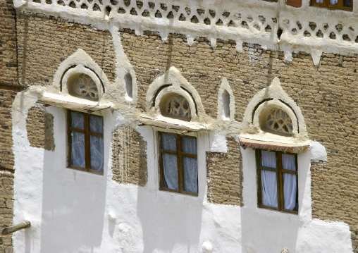 Traditional house in the old city featuring stained-glass windows, Amanat Al-Asemah, Sanaa, Yemen