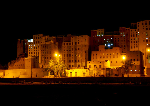 Multi- storey buildings made from mud at night, Hadhramaut, Shibam, Yemen