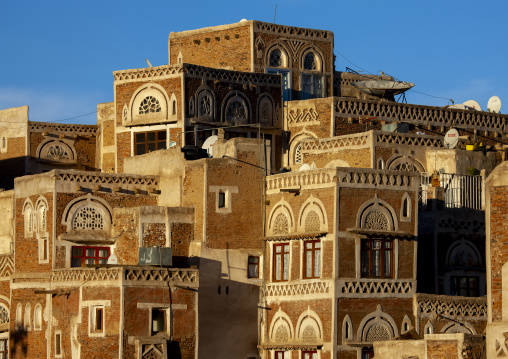 Traditional houses in the old city featuring ornamental facades, Amanat Al-Asemah, Sanaa, Yemen