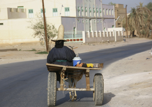 Yemeni woman with straw hat on a cart, Hadhramaut, Shibam, Yemen