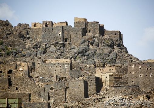 Tower houses built from local sandstone and basalt, Amran Governorate, Amran, Yemen
