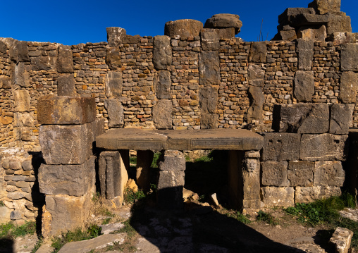 Decorated stone counters in the Roman ruins, North Africa, Djemila, Algeria