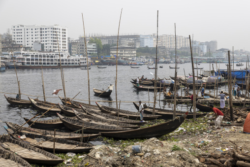 Boats anchored on the bank of Buriganga River, Dhaka Division, Keraniganj, Bangladesh