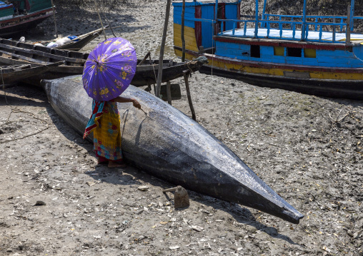 Bangladeshi woman repairing a fishing boat in Sundarbans, Khulna Division, Shyamnagar, Bangladesh