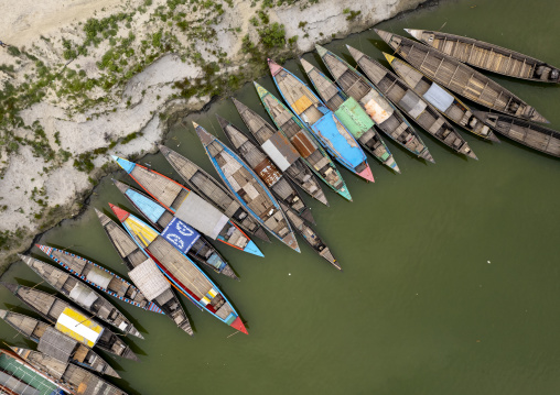 Aerial view of local boats anchored in Kalitola ghat, Rajshahi Division, Sariakandi, Bangladesh