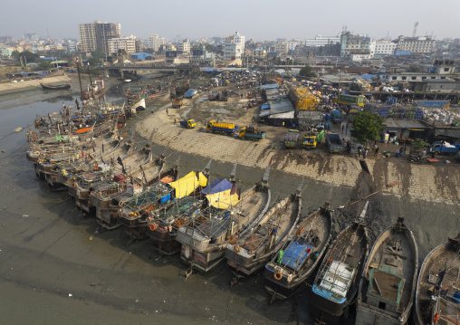 Aerial view of trawlers anchored in front of the fish market, Chittagong Division, Chittagong, Bangladesh