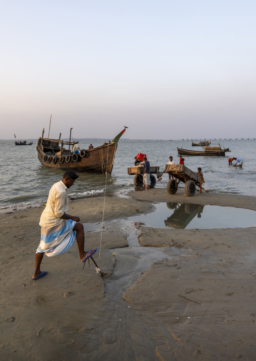 Bangladeshi fishermen unloading fishes on the beach, Chittagong Division, Cox's Bazar Sadar, Bangladesh