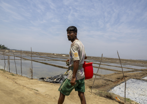 Bangladeshi man working in a salt field, Chittagong Division, Maheshkhali, Bangladesh