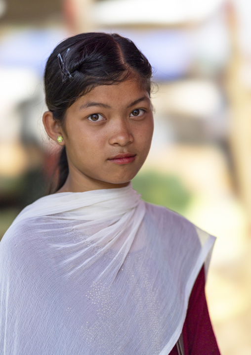 Portrait of a bangladeshi Chakma tribe teenage girl wearing white sari, Chittagong Division, Rangamati Sadar, Bangladesh