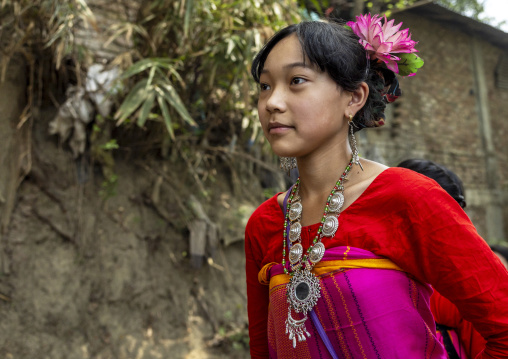 Chakma young woman in traditional clothing celebrating Biju festival, Chittagong Division, Kawkhali, Bangladesh