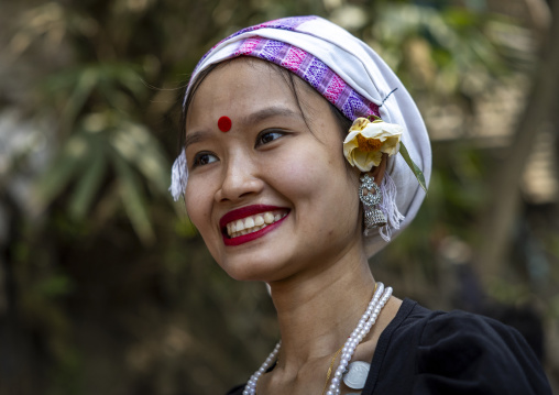 Chakma young woman in traditional clothing celebrating Biju festival, Chittagong Division, Kawkhali, Bangladesh
