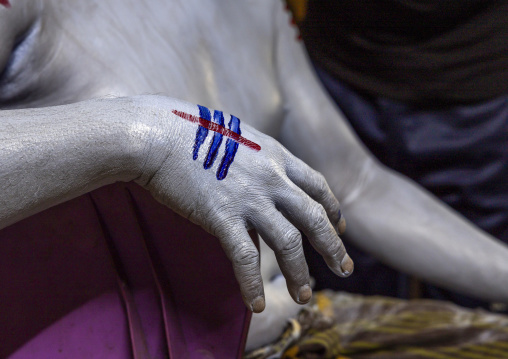 Make up of a hindu devotee who becomes Lord Shiva at Lal Kach festival, Dhaka Division, Munshiganj, Bangladesh