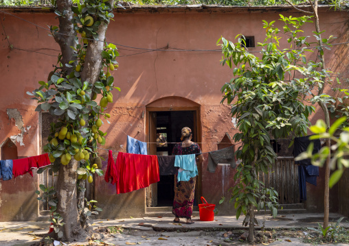 Bangladeshi woman washing clothes in front of a house, Dhaka Division, Munshiganj, Bangladesh