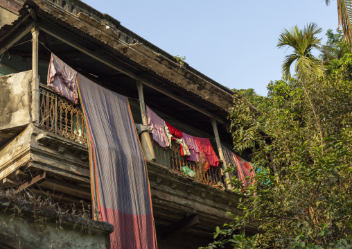 Old heritage house balcony with clothes drying in the sun, Dhaka Division, Munshiganj, Bangladesh