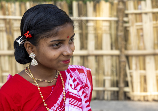 Portrait of a hindu young woman in red saree, Sylhet Division, Kamalganj, Bangladesh