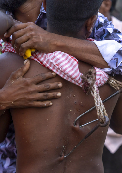 Devotee with hook in the back for a body suspension during Charak Puja, Sylhet Division, Kamalganj, Bangladesh