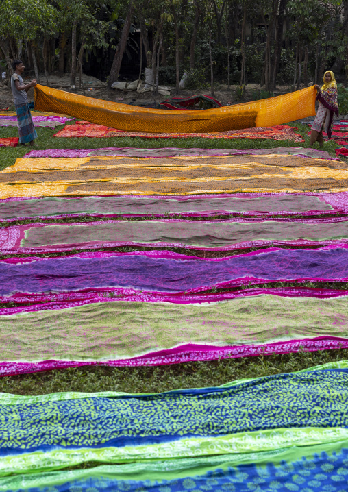 Bangladeshi workers drying fabrics the sun in a batik factory, Chittagong Division, Comilla, Bangladesh