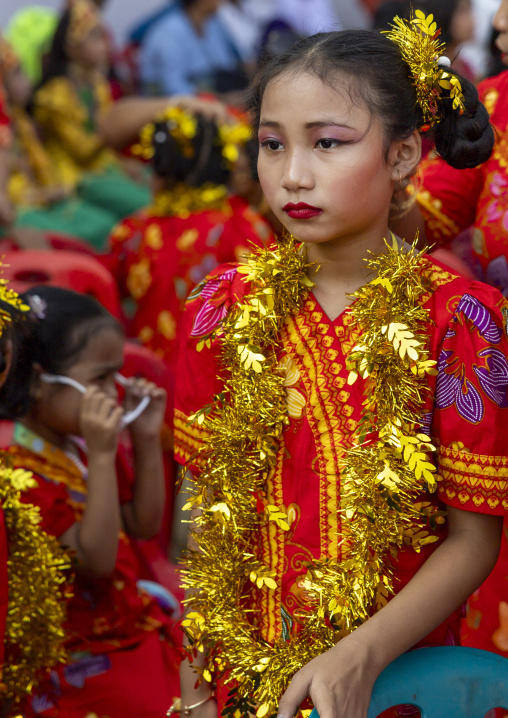 Marma ethnic group girl dressed for Sangrai festival, Chittagong Division, Bandarban, Bangladesh