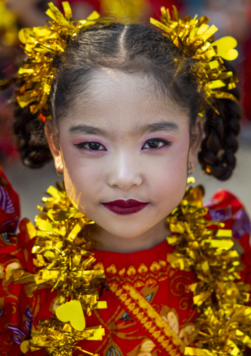 Marma ethnic group girl dressed for Sangrai festival, Chittagong Division, Bandarban, Bangladesh