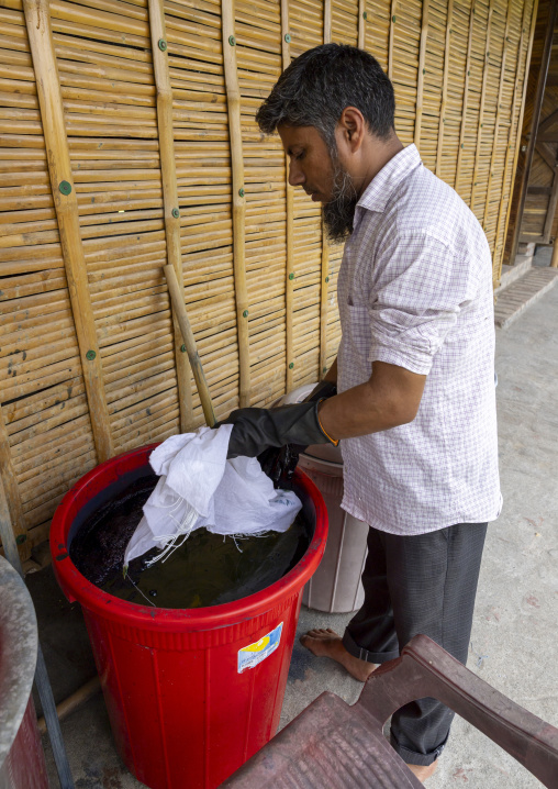 Shawl made with indigo tie-dye resist dyeing technique in Living Blue, Rangpur Division, Goalpara, Bangladesh
