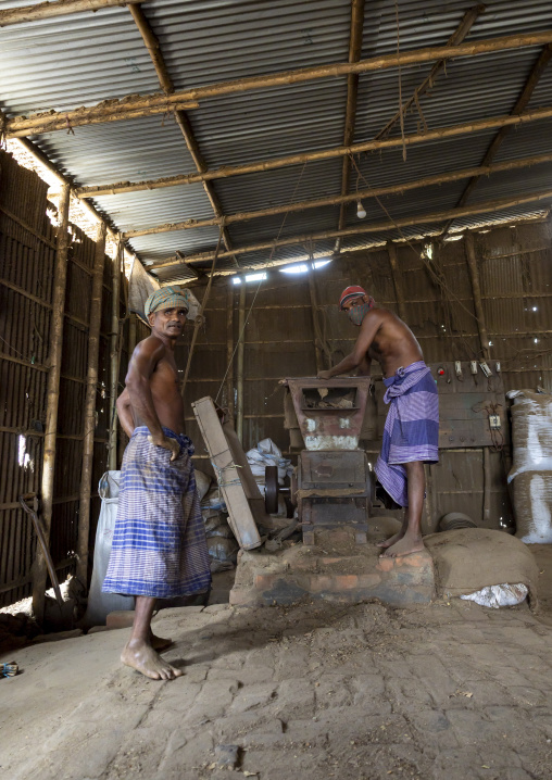 Bangladeshi workers putting dried tobacco leaves in grinder, Rangpur Division, Rangpur, Bangladesh