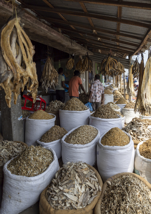 Bangladeshi men selling dried fishes at market, Rangpur Division, Rangpur, Bangladesh