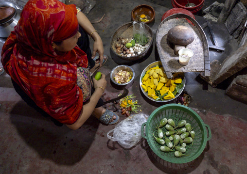 Bangladeshi woman cooking in her kitchen, Rajshahi Division, Natore, Bangladesh