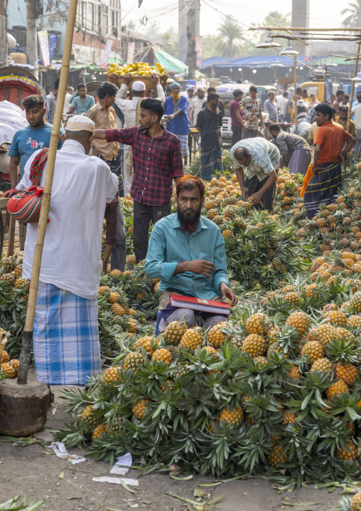 Pinepapples for sale at Kawran Bazar fruits morning market, Dhaka Division, Dhaka, Bangladesh