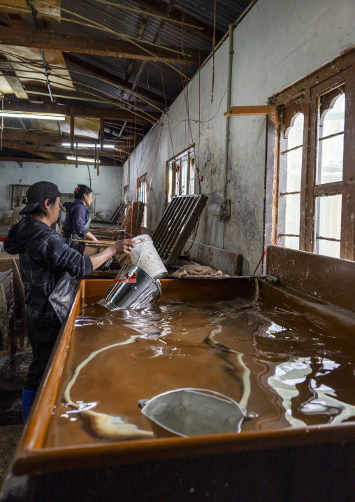 Bhutanese workers making paper using traditional methods, Chang Gewog, Thimphu, Bhutan