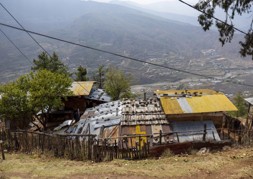 Stones on the roof of a farm, Paro, Drakarpo, Bhutan