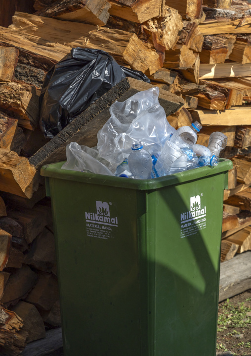 Bin full of used plastic bottles, Wangdue Phodrang, Phobjikha Valley, Bhutan