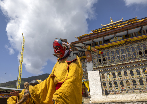 Masked atsara at the annual Ura Yakchoe festival, Bumthang, Ura, Bhutan