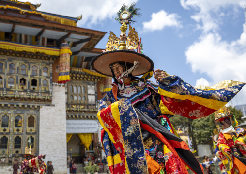 Dance of the hats during Ura Yakchoe festival, Bumthang, Ura, Bhutan