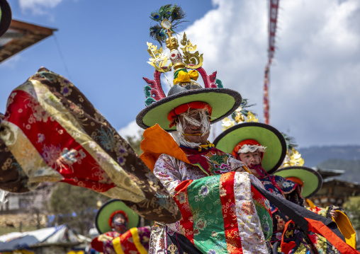 Dance of the hats during Ura Yakchoe festival, Bumthang, Ura, Bhutan