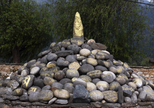 Stupa with stones in Jamphel Lhakhang, Chhoekhor Gewog, Bumthang, Bhutan