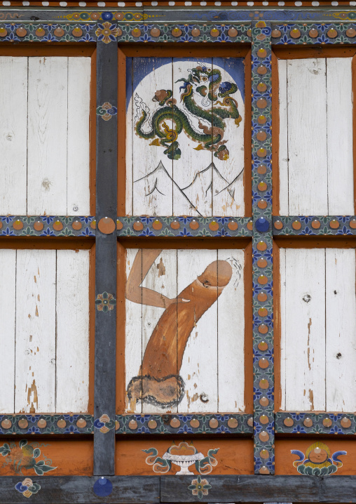 House with a phallus painted on the wall, Chhoekhor Gewog, Bumthang, Bhutan