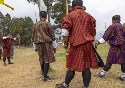 Bhutanese archers on an archery range, Chang Gewog, Thimphu, Bhutan