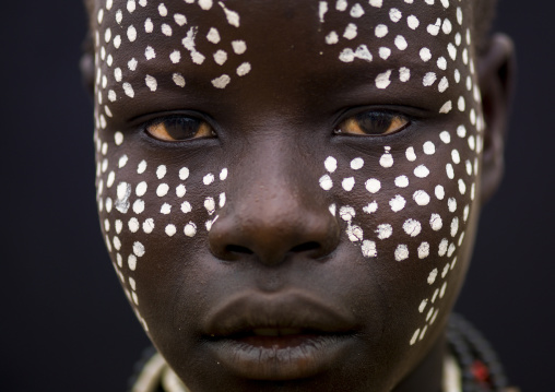 Karo tribe woman with white dots on the face, Omo valley, Korcho, Ethiopia