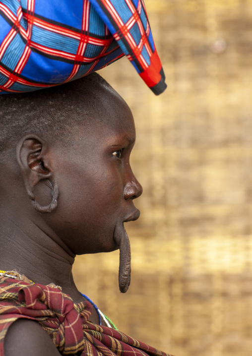 Mursi tribe woman with extended inferior lip and ear lobes, Ari zone, Jinka, Ethiopia