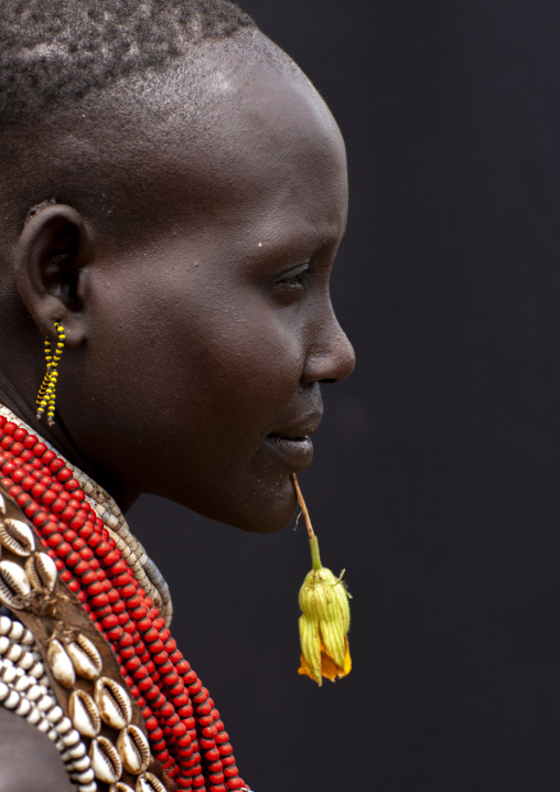 Portrait of a Karo  tribewoman wearing beaded necklaces, Omo valley, Korcho, Ethiopia