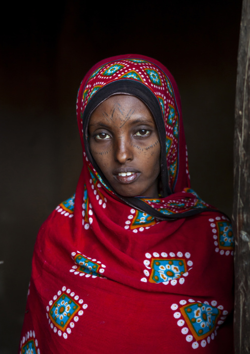 Afar tribe woman with scarifications on her face, Assaita, Afar regional state, Ethiopia