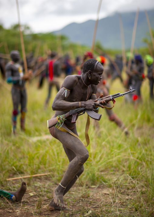 Warriors during Donga stick fighting in Surma tribe, Omo valley, Kibish, Ethiopia