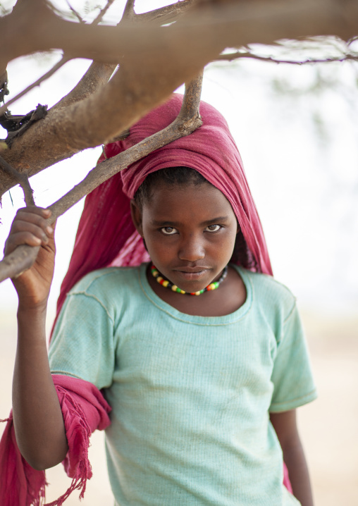 Portrait of a Karrayyu teenage girl with pink shawl, Oromia, Metahara, Ethiopia