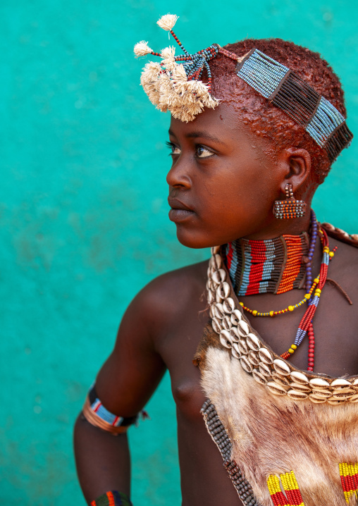 Young hamer tribe girl with colourful decorations, Turmi, Omo valley, Ethiopia