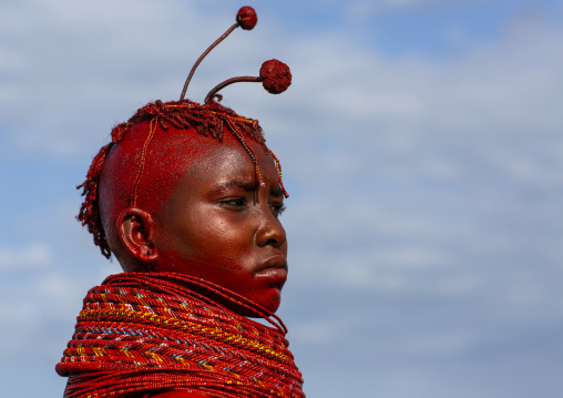 Turkana tribe woman with huge necklaces and ear rings, Turkana lake, Loiyangalani, Kenya