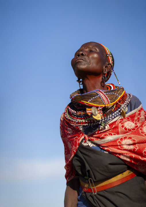 Samburu woman dancing with jewellry, Samburu county, Samburu national reserve, Kenya