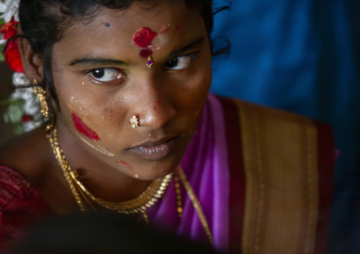 Young bride with traditional dots on her forehead at her wedding, Tamil Nadu, Trichy, India